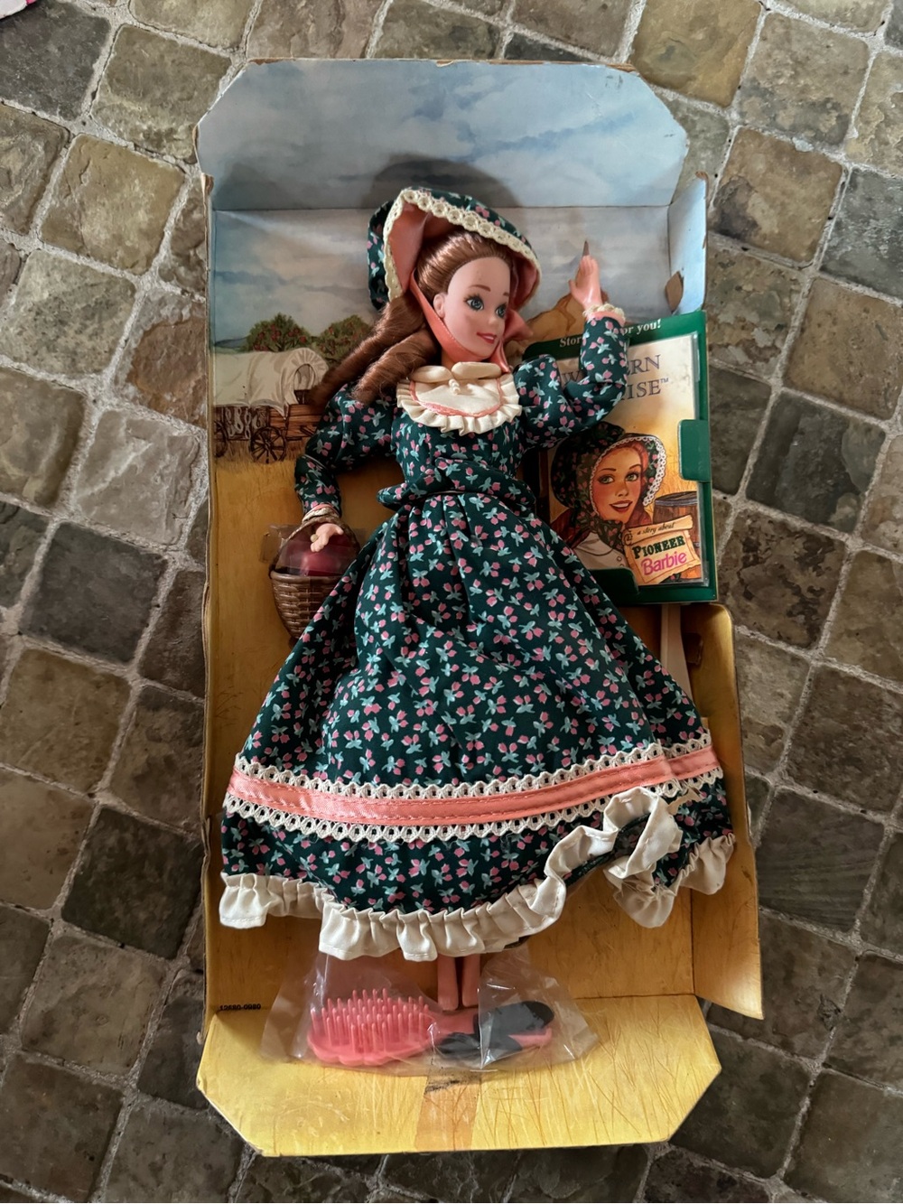 Vintage-Style Green Floral Pioneer Doll with Pink Trim